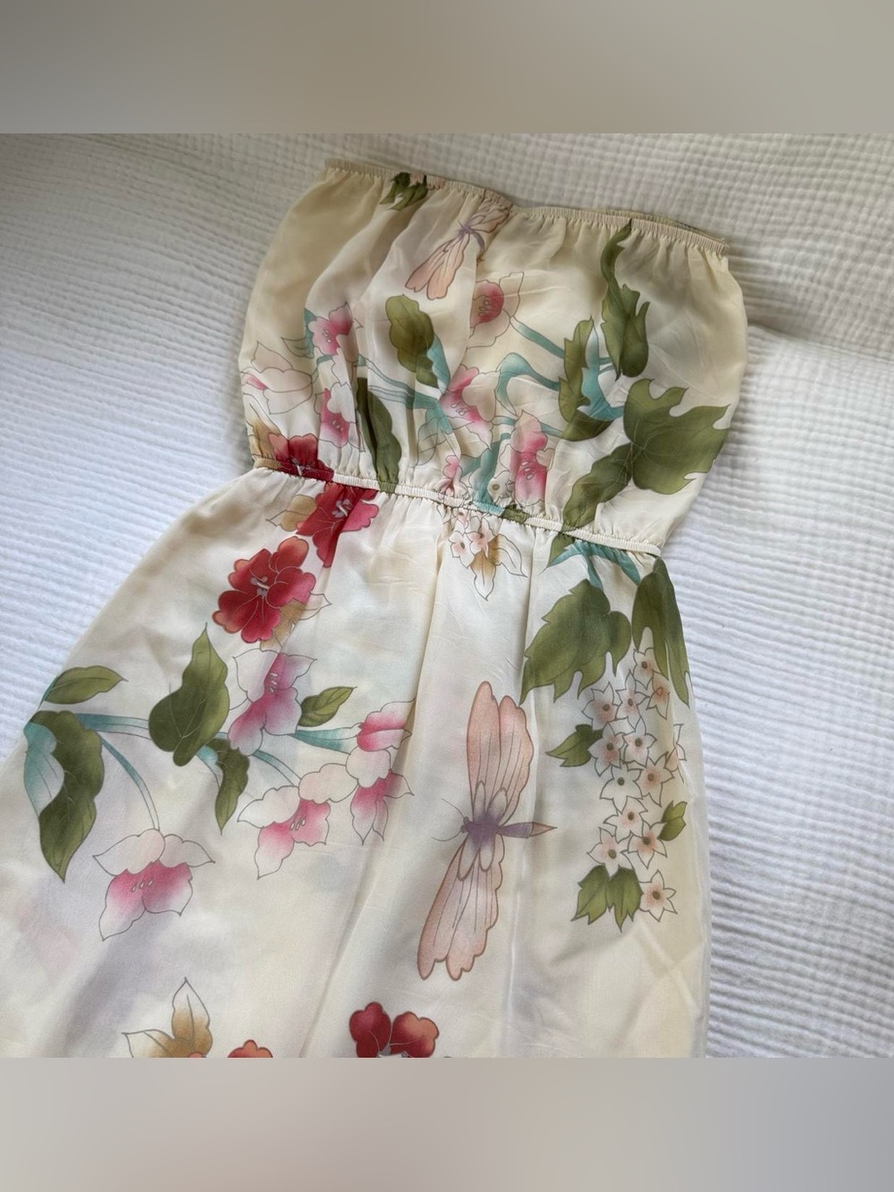 Kite and Butterfly 100% Silk Floral Dragonfly Strapless Maxi Dress XS Boho - Picture 2 of 8